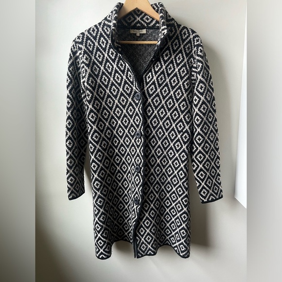 COCOGIO‎ Diamond Sweater Jacket Longline Cozy Grandma Geometric Wool Cardigan M - Picture 1 of 6